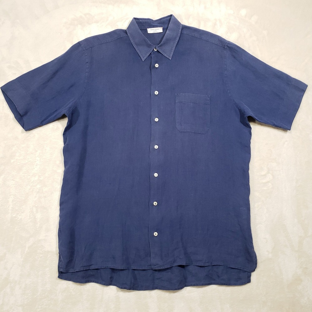 Gran Sasso Button Up Shirt Mens 52 Navy Blue Linen Short Sleeve Italy Made Large